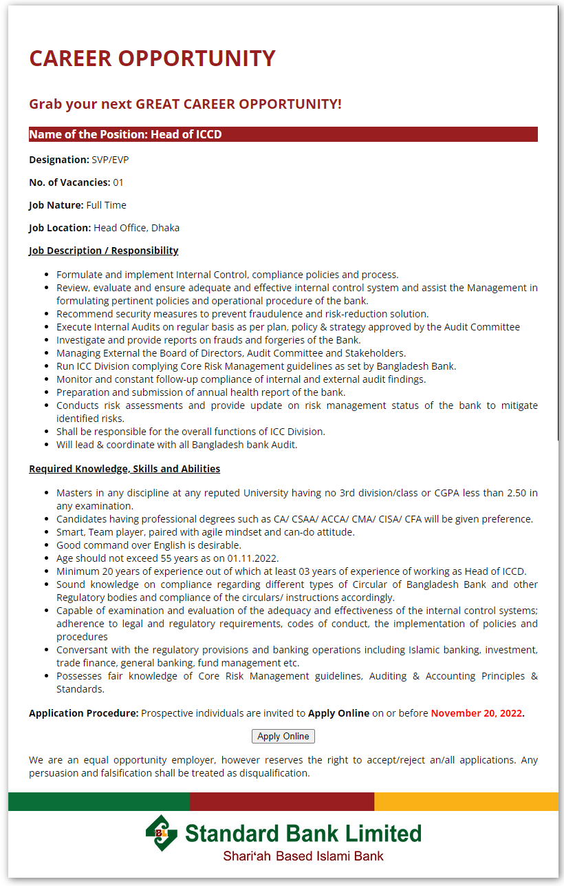 Standard Bank Limited Job Circular 2022