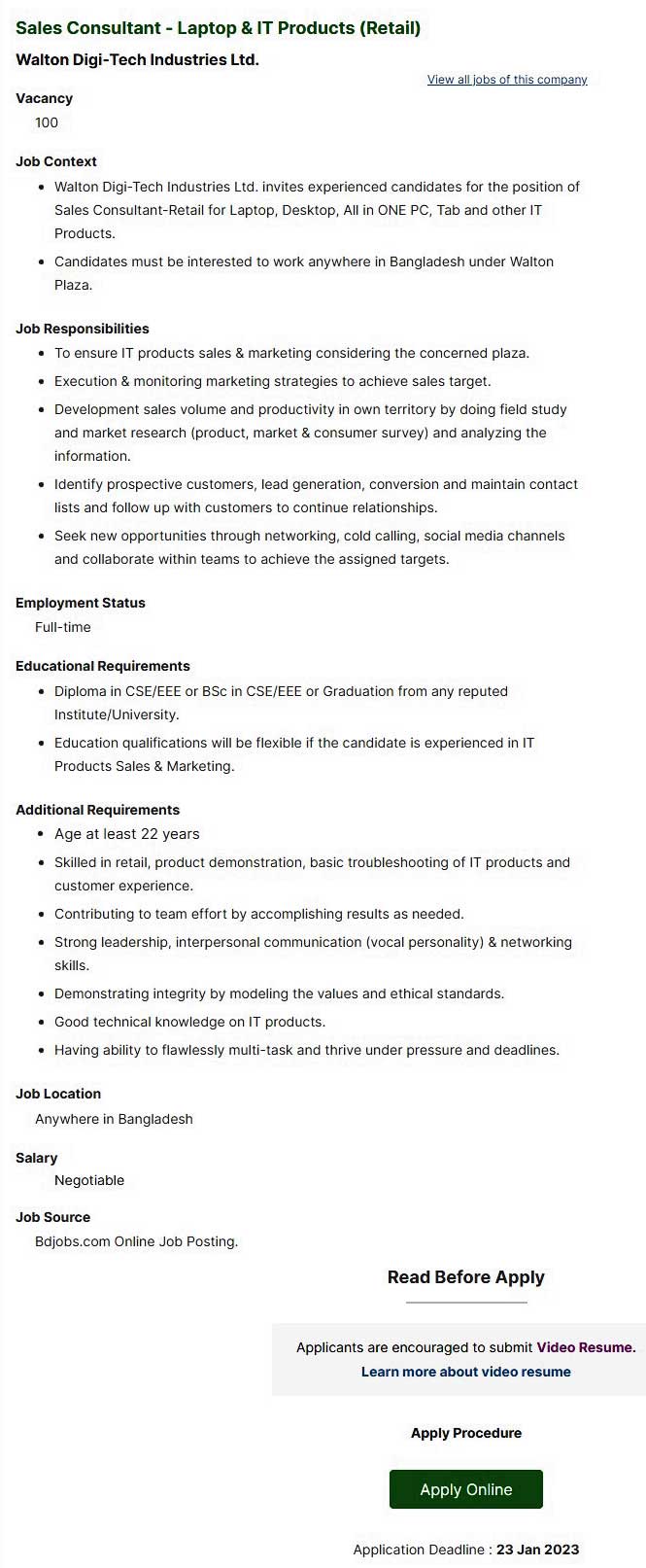 Walton Group Job Circular 2023