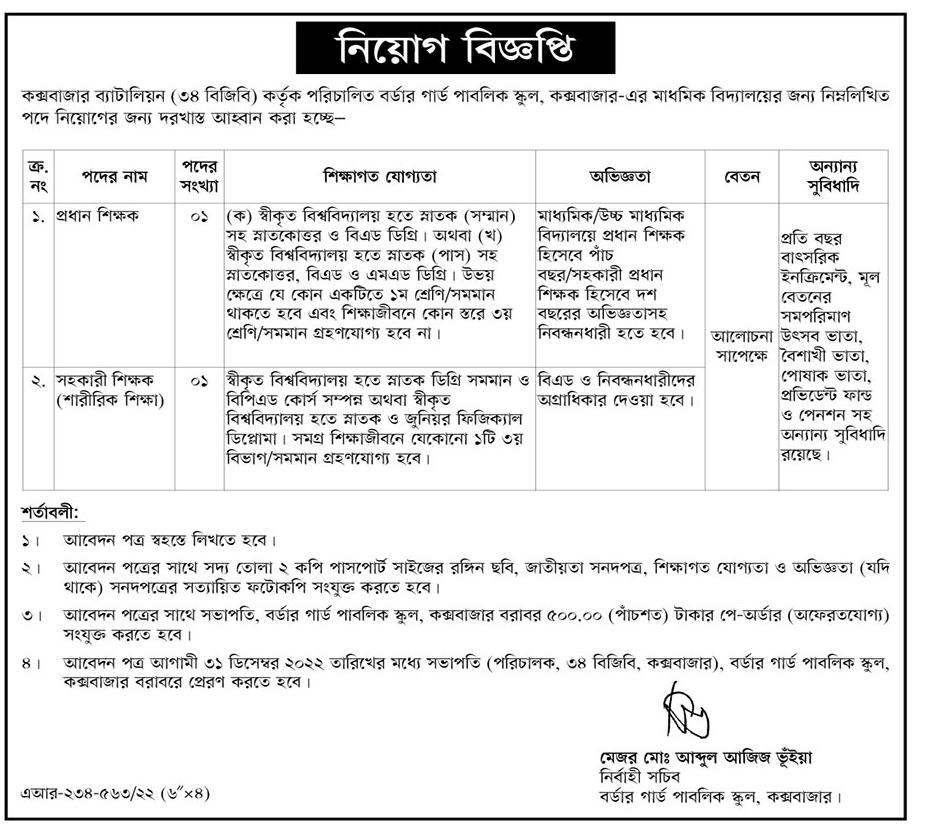 Border Guard Public School Job Circular 2022