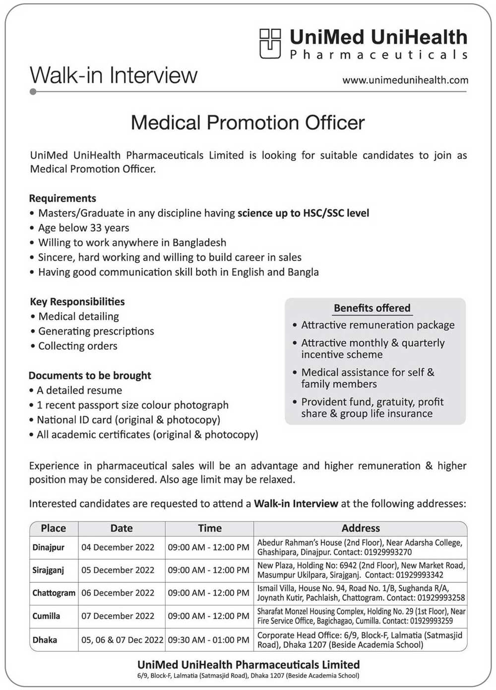 UniMed UniHealth Pharmaceuticals Limited Job Circular 2022